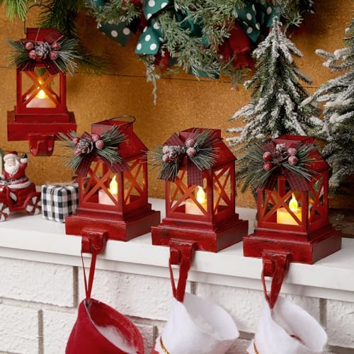 Therwen 2 Pcs Christmas Stocking Holders Lantern, LED, Classic, Red - Image 5