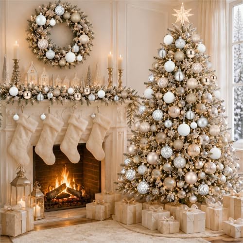 Lunmon 64 Pcs Champagne Gold White Christmas Ornaments 1.57/1.97/2.36 Inch - Image 2