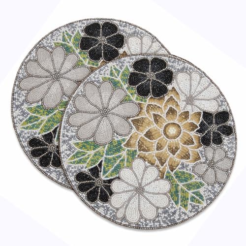 Beaded Round Placemats for Dining Table Flowe Design Silver Multi Set of 2-13 Inches Round for Gathering, Christmas, Thanksgiving - Occasional Decoration - Image 6