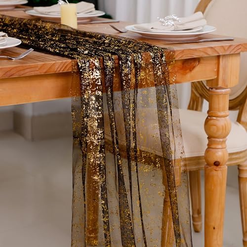 Snowkingdom 6 Pcs Black & Gold Cheesecloth Table Runner 10 FT, Sheer Chiffon Sparkle Gauze Mesh Runners 120 Inch, Glitter Table Centerpieces Decoration for Birthday Party Wedding Christmas Halloween - Image 7