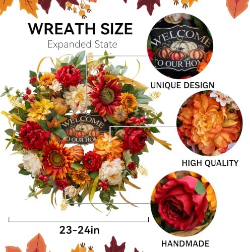 24 Inch Fall Wreath for Front Door，Rustic Harvest Autumn Wreath - Image 3