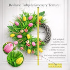 Spring Summer Wreath for Front Door, 24 Inch Artificial Tulip Wreath with Pink Yellow Lavender and Eucalyptus Greenery for Indoor Outdoor Home Farmhouse Wall Decor - Image 3