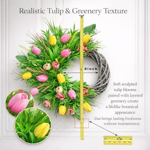 Spring Summer Wreath for Front Door, 24 Inch Artificial Tulip Wreath with Pink Yellow Lavender and Eucalyptus Greenery for Indoor Outdoor Home Farmhouse Wall Decor - Image 3