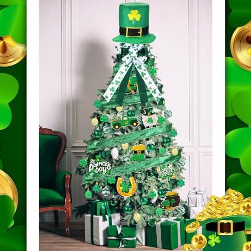 Halfchet St. Patricks Day Tree Ornaments Decorations St Patrick's Day Tree Topper Hat Bow Ribbon Shamrock Coins Hanging Ornaments for Irish Party - Image 5