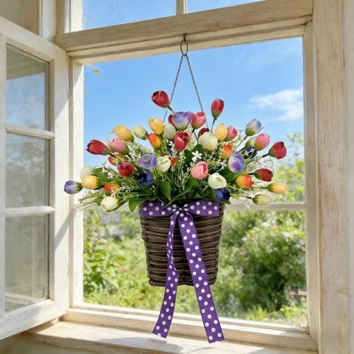 White Tulip Door Hanger Basket Wreath for Front Door,Artificial Tulip Flower Wreaths Hanging Decor with Woven Basket,Spring Summer Baskets Wreath for Wall Window Holiday by Unknown