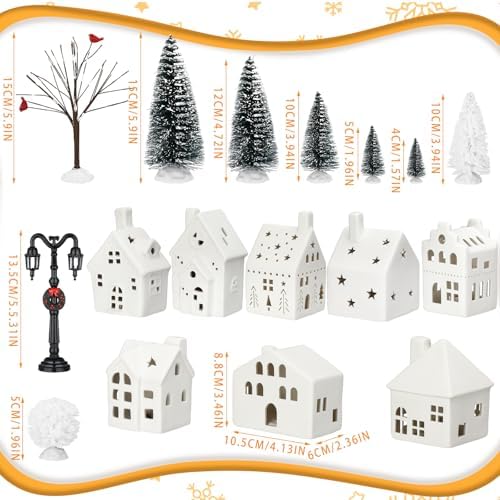 Cindeer 26 Pcs Ceramic Christmas Village Set LED Lighted White,Classic - Image 2
