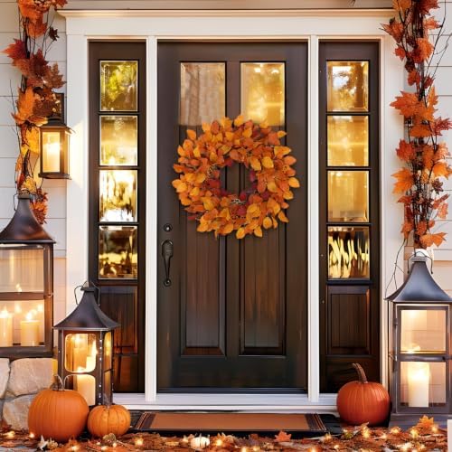 Artificial Fall Leaf Wreath for Front Door – 24" Autumn Wreath with Lifelike Fagus Sylvatica Foliages – Orange Yellow – Rustic Thanksgiving & Halloween Decoration for Indoor & Outdoor - Image 4