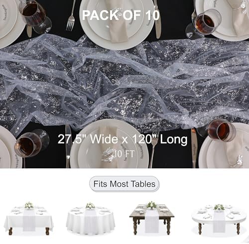 Snowkingdom 10 Pcs 10 FT Silver Table Runners, Sheer Chiffon Gauze Cheesecloth Runner, Sequin Glitter Silver Party Table Decoration Centerpieces for Wedding Christmas Birthday Bridal Baby Shower - Image 2