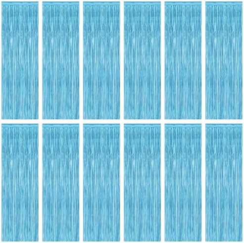 12 Pack Party Decorations, 3.28 FT x 7.05 FT Sky Blue Curtains, Metallic Party Streamers Photo Booth Backdrop Foil Fringe Curtains, Light Blue Winter Wonderland Backdrop Birthday Decor by ZATAYE