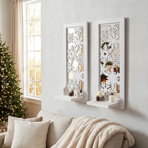 ZEXUIRU 2 Set Rustic Candle Sconces Living Room Bedroom Entryway Wood Mirrored, Farmhouse, Carved Frame Wall-Mount Wooden Candle Holders Wall Decor Hanging Handmade Holder - Distressed White by ZEXUIRU