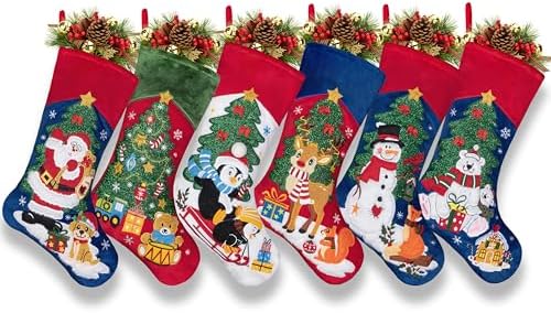 LUBOT Set of 6 Christmas Stockings Embroidered 20" Velvet Large Family Xmas Tree Stocking 6 Pack Shining Cute Cartoon Soft Luxury Stocking Fireplace Hanging Decor - Image 5