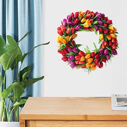 UIYIHIF 20 Inches Tulip Wreath, Artificial Flower Handmade Floral Wreath for 2023 New Spring, Simulation Round Spring Garland Wreath for Front Door Wedding Wall Home Decor - Image 2