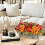 Fall Peonies Artificial Flowers Arrangements In Rustic Wooden Box Planter - Image 7