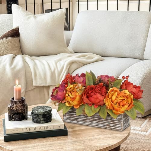 Fall Peonies Artificial Flowers Arrangements In Rustic Wooden Box Planter - Image 7