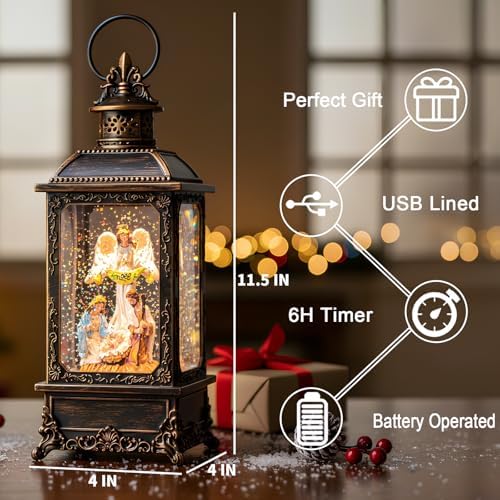 Christmas Snow Globes, Manger Snowflake Ball Nativity Scene, Silent Night Music Water Lantern, USB Powered & Battery, Holiday Decorations Gifts for Family, Children or Friend - Image 2