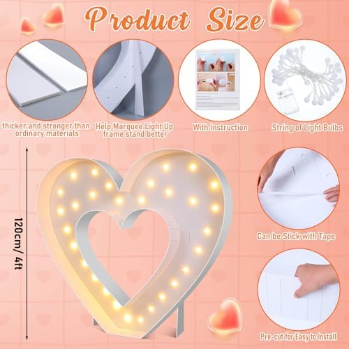 Maxcheck 4FT Marquee Large Light up Decoration, Balloon Frame with Bulb Light String Foam Marquee Signs for Valentine's Eid Birthday Engagement Baby Shower Party Decorations(Heart) - Image 2