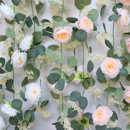 MAKHOT 2 Pcs Pink 6.6Ft Artificial Eucalyptus Garland with Fake Rose Flower Vine (Pink2) - Image 3