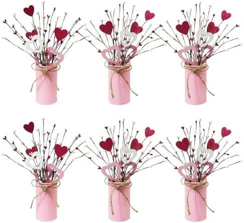 TORONTOKYO Valentines Day Decor, 6 Pack Valentine's Day Artificial Potted Plant Heart Shaped Valentines Day Picks with Berries Metal Pot for Home Office Table Centerpiece Decor by TORONTOKYO