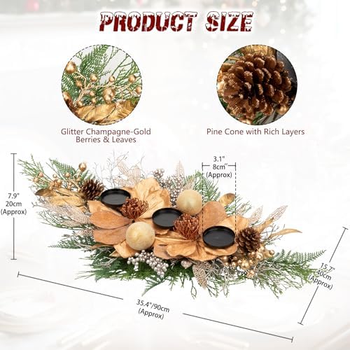 35" Champagne Christmas Centerpiece with Candle Holders, Magnolias Gold Christmas Balls Berries Leaves Branches Pine Cones Pine Needles for Xmas Table Decor, Holiday Candelabrum for Mantel Decorations - Image 6