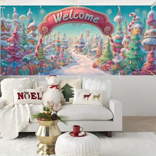 Christmas Welcome Garage Door Banner 7x16FT Candy Village Scene, Xmas Garage Door Cover for Outdoor Decorations & Holiday Parties - Image 5