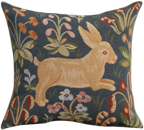 Medieval Running Rabbit in Blue Tapestry Throw Pillow Cover 14 x 14 in by CCharlotteHomeFurnishings