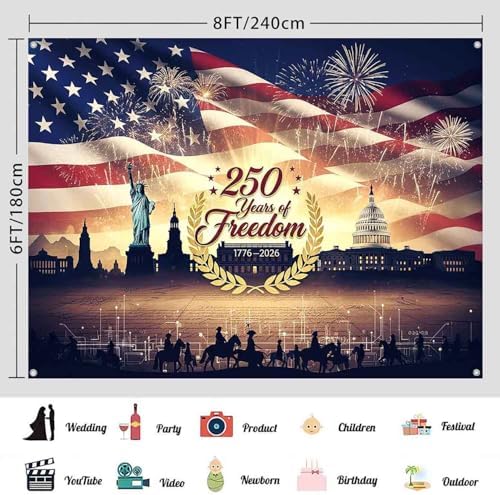 8x6ft American 250 Years of Freedom Banner Backdrop Patriotic American Flag Photography Background 4th of July Independence Day 250th Anniversary USA Party Decorations Supplies - Image 3