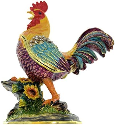 Enameled Country Rooster Trinket Box, Accented with Austrian Crystals, 3.5 Inches Tall by Kubla+Crafts