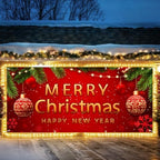 Christmas Garage Door Banner – Red Holiday Mural Cover with Gold "Merry Christmas and Happy New Year" Text, Ornaments, Snowflakes, and Pine Decor – Outdoor Xmas Decoration for Garage or Porch by THISFIND
