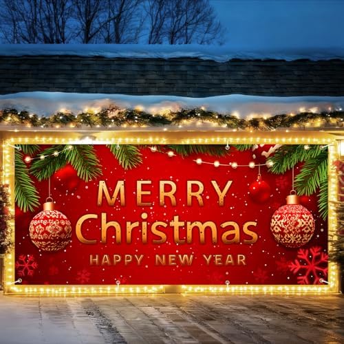 Christmas Garage Door Banner – Red Holiday Mural Cover with Gold "Merry Christmas and Happy New Year" Text, Ornaments, Snowflakes, and Pine Decor – Outdoor Xmas Decoration for Garage or Porch by THISFIND