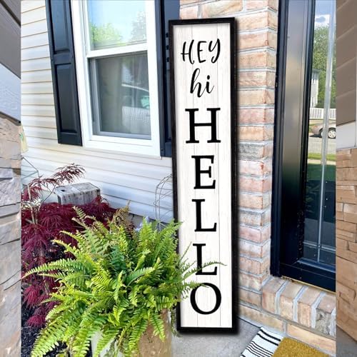 Surfapans Hey Hi Hello Welcome Sign For Front Porch Standing 45"X9" Large Outdoor Tall Wood Frame Vertical Wall Decor Rustic Farmhouse Outside Home Modern Front Door Board Decoration (Black) by Surfapans