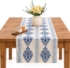 Hand Block Printed Cotton Table Runner, Machine Washable Cotton Runner, Boho Floral Centerpiece Accent for Dining Tables and Buffet Cabinets, 16x70 Inches - Blue & Ivory by THEARTBOX