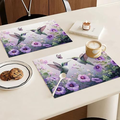 Hummingbird Spring Placemats Set of 6, 12x18 Inch Summer Bird Table Place Mat Floral Flower Washable Non-Slip Heat Resistant Fabric Placement Mats for Dining Kitchen Indoor Outdoor Decor - Image 2