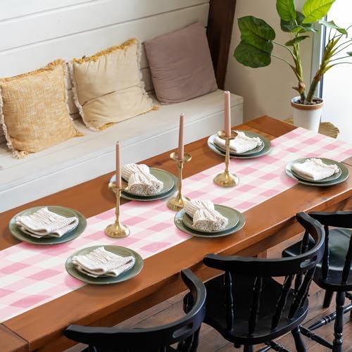 Cupuamon Fabric Checkered Table Runner 12 Pack Waterproof Gingham Table Runner 14W x 108L Buffalo Check Table Runners for Parties Kitchen Dining Wedding Banquet (Pink and White) - Image 7