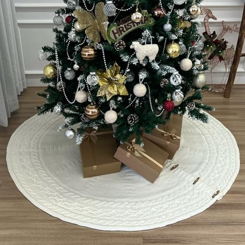 60-Inch Cable Sweater Knit Christmas Tree Skirt with Wooden Toggles, Cream - Image 6