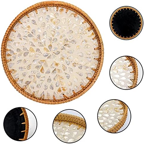 Frcctre 2 Pack Round Rattan Tray with Mother of Pearl Inlay, Rattan Serving Tray with Wooden Base, Decorative Wicker Basket for Bread Fruit Food Coffee Breakfast, Storage and Display, 2 Sizes - Image 3