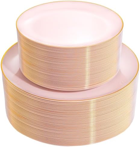 PULOTE 100PCS Pink Plastic Plates - Heavy Duty Pink and Gold Disposable for Party, Wedding, Mother's Day Include 50 Each (Dinner & Dessert) Plates by PULOTEpartywareWesupplyproductsandyouenjoylife