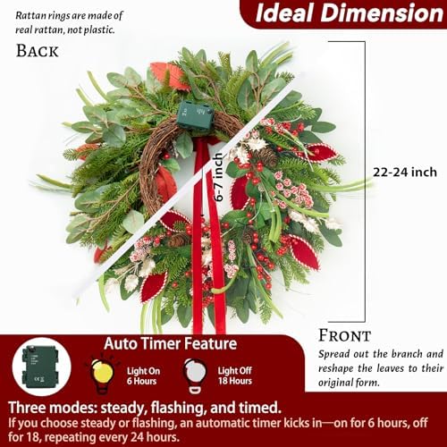 Christmas Wreath with Lights,Outdoor Pre-lit Christmas Wreaths for Front Door-24 Inch Xmas Door Wreath with Pine Needles Pine Cones and Red Berries- Farmhouse Home Christmas Decorations - Image 4