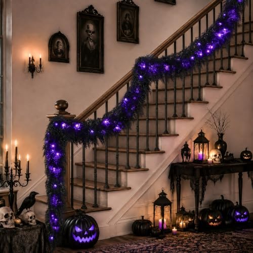 9FT Black Halloween Garland with Lights Realistic Prelit Christmas Garland - Image 2