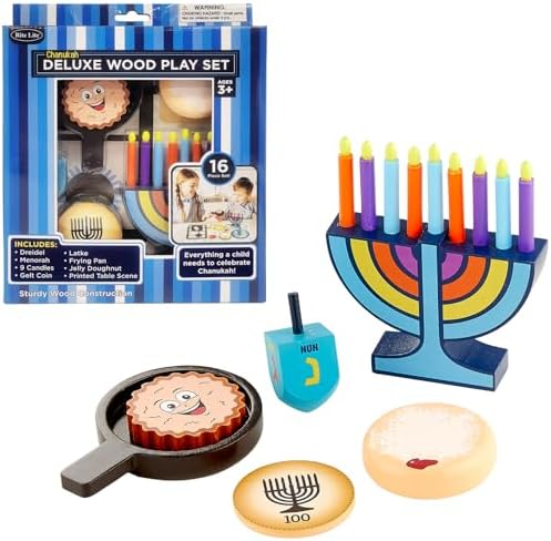 Rite Lite My Mini Wood Menorah Deluxe Set with Removable Wood Candles with Jelly Doughnut, Dreidel, Pan, Latke, Gelt Coin Decor Hanukkah Gifts Decorations Centerpiece Jewish Holiday Party Favors by RiteLite