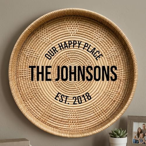 Personalized Family Name Sign, Custom Faux Rattan Wall Decor, "Our Happy Place" Boho Wicker Plaque, Flat MDF Board with Realistic 3D Print (Not a Real Woven Basket), Casual Home Art - Image 3