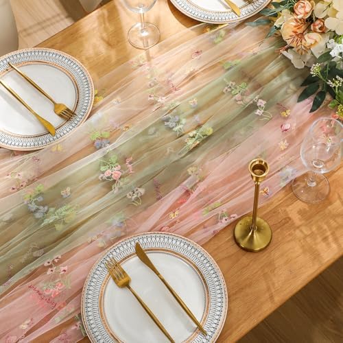 Fanfanwin 3 Pcs Tulle Floral Table Runner Set, 2.5 x 5.9 ft Widened Beige, Pink and Green Sheer Wildflower Butterfly Embroidered Gauze Lace Dining Table Decor for Wedding Birthday Baby Bridal Shower - Image 2