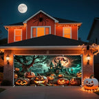 Halloween Garage Door Cover 7x16ft Ancient Tree Spooky Graveyard Glowing Pumpkin Halloween Garage Door Decorations for 2 Car Haunted Castle Hallows' Banner for Party Decoration Background - Image 4
