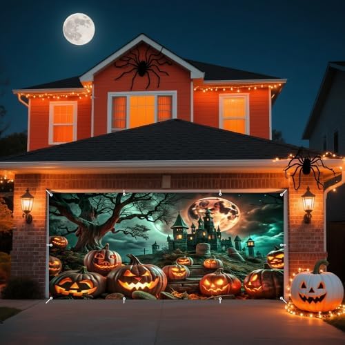 Halloween Garage Door Cover 7x16ft Ancient Tree Spooky Graveyard Glowing Pumpkin Halloween Garage Door Decorations for 2 Car Haunted Castle Hallows' Banner for Party Decoration Background - Image 4