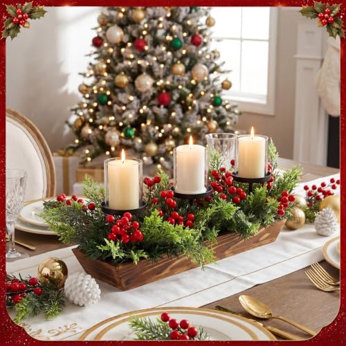 3 Pillar Christmas Table Centerpiece Christmas Candle Holder Artificial Norfolk Pine with Steel Base Frosted Arrangement for Home Decor - Image 6