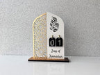 2 Pieces Wood Ramadan Decorations Islamic Eid Mubarak Kareem Table Sign Moon Hollow Star Ornament for Muslim Party Tabletop Decor Home Art Craft Decoration Golden Moon (Gold, Medium - 8"W x 12"H) - Image 2