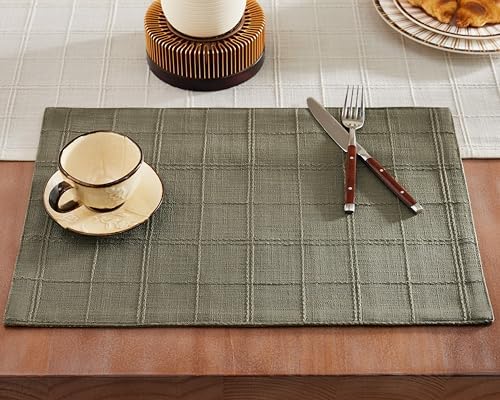 ZeeMart Linen Checked Farmhouse Placemats Set of 6, Olive 13x19in by ZEEMARTONLINE