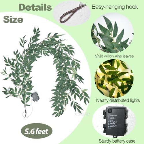 Green Vines Garland with Lights 96 LED Battery Operated with Timer Faux Willow Leaves Twig with Lights Greenery Garlands Decortions for Mantel Fireplace Table Wall Patio Wedding Holiday Home Decor - Image 2