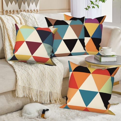 4 Pcs/Set Geometry Throw Pillow Covers Spring Colorful Boho Patchwork Color Linen Cushion Cases Outdoor Lumbar Pillows Case for Patio Furniture Couch Living Room Decorative, 24"x24" - Image 3