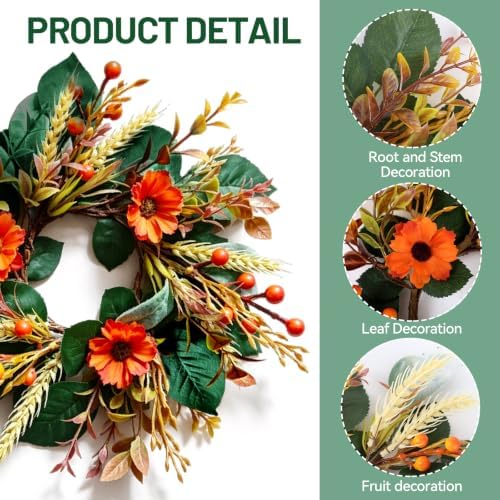 12 PCS 9" Mini Fall Wreaths for Kitchen Cabinets Fall Wreaths for Front Door with Sunflowers Wheat Stalks & Orange Berries Harvest Thanksgiving Floral for Farmhouse Home Wall Window Festival Decor - Image 4