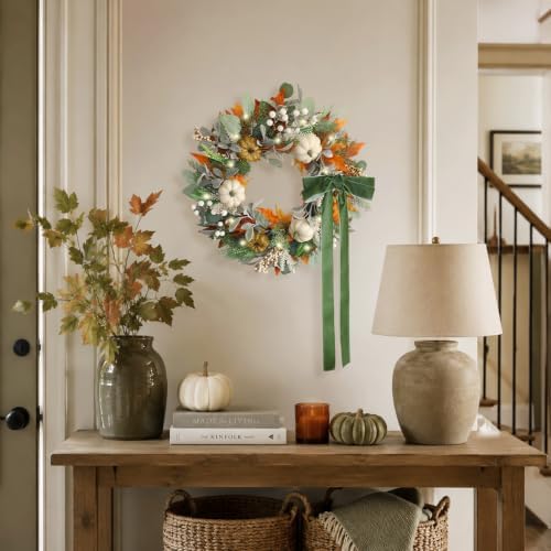 20 Inch Pre-Lit Cream and Gold Pumpkin Fall Wreath for Front Door - Image 4